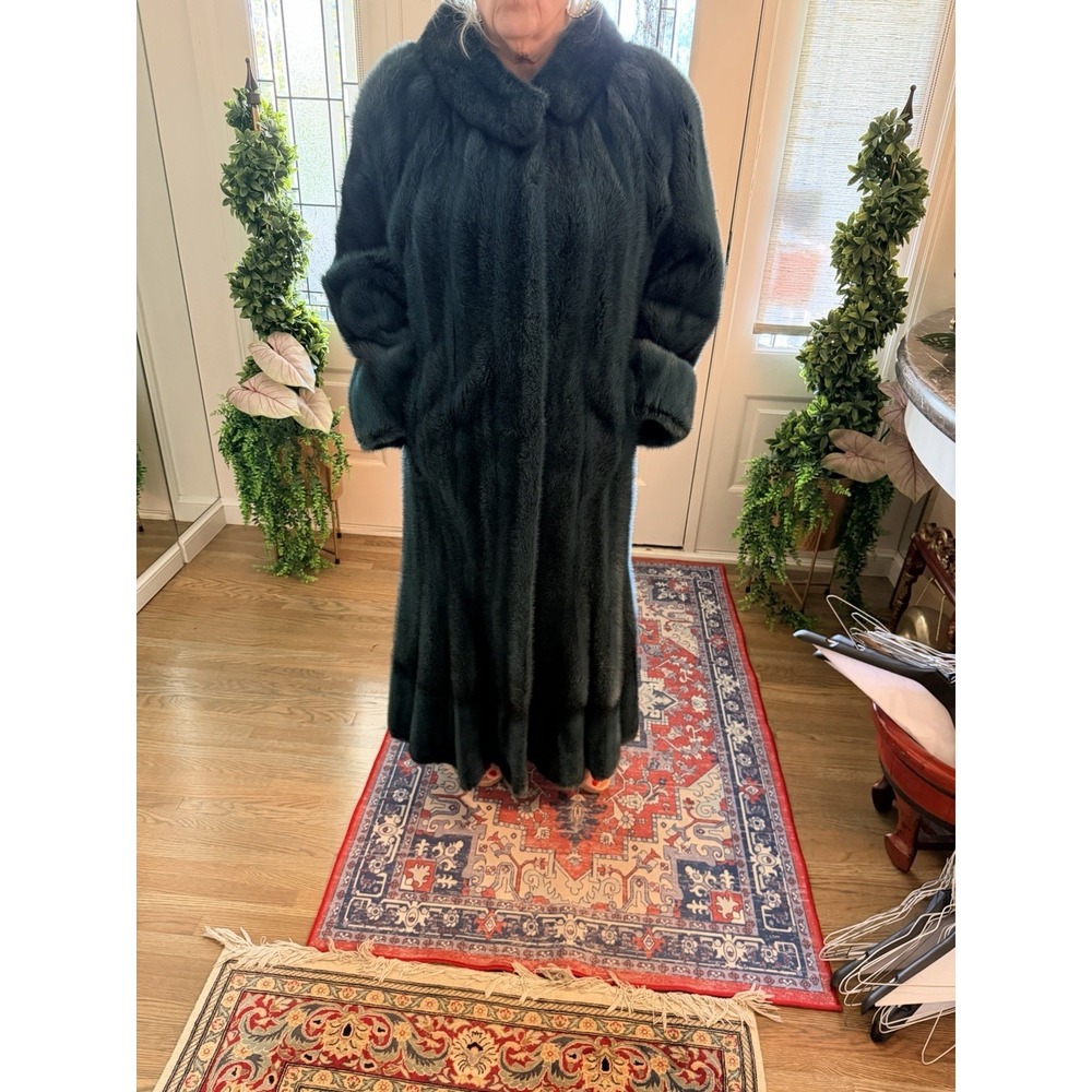 Custom NYC Emerald Green Mink Fur Coat & Matching Hat One Owner Womens L VTG